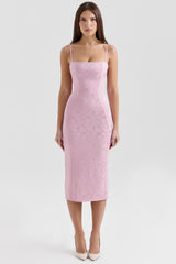 Pink Jacquard Lace Up Bodycon Midi Dress