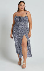 Willa Midi Dress - Ruched Bust Thigh Split Dress in Blue Floral