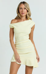 Goldie Mini Dress - Tipped Off Shoulder Cap Sleeve Ruched Fitted Ruffle Hem Skirt Dress in Lemon