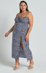 Willa Midi Dress - Ruched Bust Thigh Split Dress in Blue Floral