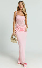 Rania Maxi Dress - Contrast Lace Bodice Bias Cowl Drop Waist Dress in Pink