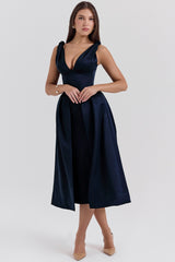Midnight Twist Strap Satin Midi Dress