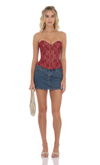 Strapless Lace Corset Top in Red and Tan