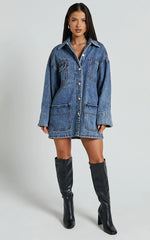Harlow Jacket - Oversized Long Sleeve Denim Jacket in Mid Blue Wash