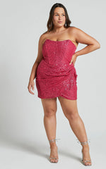 Akhira Mini Dress - Corset Detail Strapless Sequin Dress in Pink