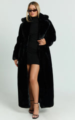 Dana Coat - Longline Faux Fur Coat in Black
