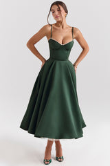 Forest Green Satin Tulle Midi Dress