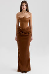 Toffee Velvet Strapless Corset Maxi Dress