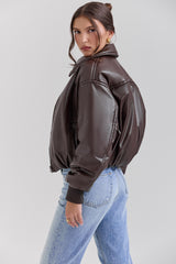 Dark Brown Vegan Leather Bomber Jacket