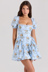 Blue Rose Print Cotton Mini Dress