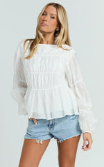 Malou Top - Shirred Long Sleeve Top in White
