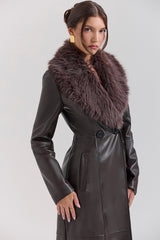 Brown Faux Fur Trimmed Vegan Leather Coat