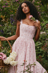 Pink Rose Print Stretch Cotton Corset Midi Dress