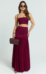 Rowan Two Piece Set - Square Neck Crop Top and High Waist Pleated Skirt Set in Wine