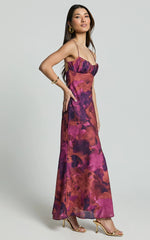 Giselli Midi Dress - Adjustable Strap Ruched Bust Dress in Dark Rose Print