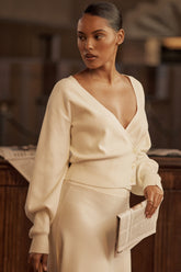 Ivory Wool Balloon Sleeve Wrap Cardigan