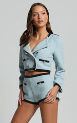 Gina Jacket - Contrast Button Through Jacket with Hardware Trim in Ice Blue