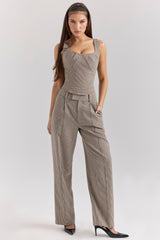 Brown Puppytooth Wide Leg High Waist Tailored Trousers