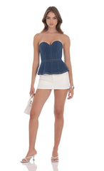 Strapless Peplum Denim Top in Blue