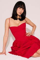 Red Gathered Midi Dress