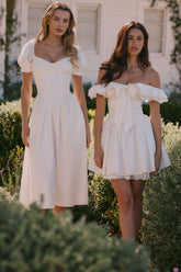 White Stretch Cotton Puff Sleeve Midi Dress