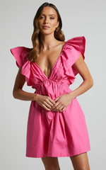 Raiza Mini Dress - Ruffle Sleeve Tie Back Plunge Dress in Fuchsia