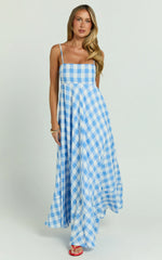 Katrien Maxi Dress - Strappy Empire Waist Flare Dress in Blue Check