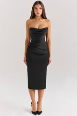 Black Satin Strapless Midi Dress
