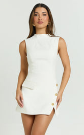 Langley Mini Dress - Sleeveless High Neck Faux Wrap Tulip Dress in Cream