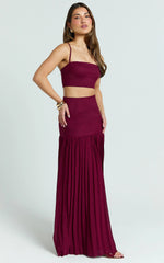 Rowan Two Piece Set - Square Neck Crop Top and High Waist Pleated Skirt Set in Wine