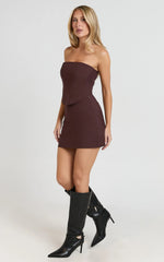 Delaney Two Piece Top and Skirt Set - Halter Corset Top And Mini Skirt in Chocolate