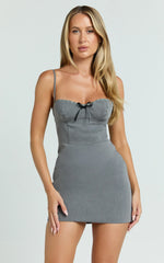Tara Mini Dress - Lace Trim Sweetheart Neck Fitted Dress in Grey