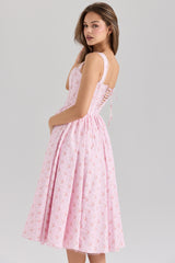 Pink Rose Print Stretch Cotton Corset Midi Dress