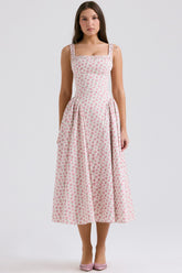 White Rosebud Print Cotton Midi Sundress