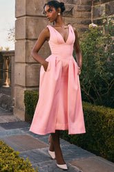 Peach Satin Pleated Midi Dress
