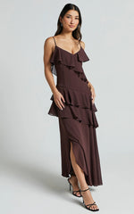 Emily Midi Dress - Strappy Asymmetric Ruffle Dress in Chocolate