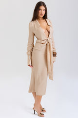 Almond Plunge Shirt Midi Dress