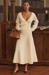 Ivory Wool Mix Flared Midi Skirt