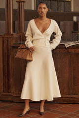Ivory Wool Mix Flared Midi Skirt