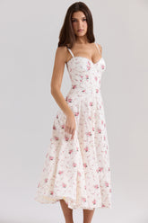 White Stretch Cotton Rose Print Midi Sundress