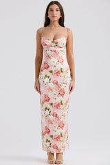 Pink Peony Print Satin Maxi Dress