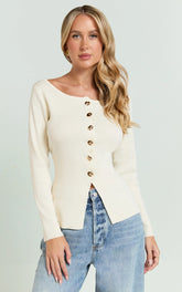 Mildred Top - Long Sleeve Button Down Top with Gold Hardwear in White