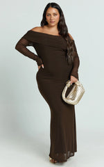 Bethanie Maxi Dress - Off The Shoulder Mesh Dress in Chocolate