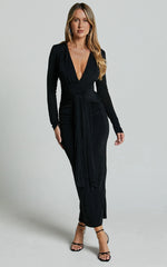 Melanie Midi Dress - Plunge Long Sleeve Tie Front Dress in Black