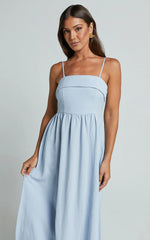 Carlyn Midi Dress - Linen Detachable Straps in Blue