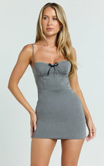 Tara Mini Dress - Lace Trim Sweetheart Neck Fitted Dress in Grey