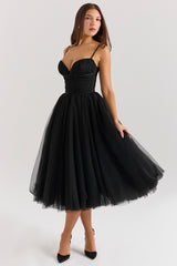 Black Tulle Ruched Bodice Midi Dress