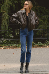 Dark Brown Vegan Leather Bomber Jacket