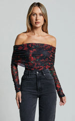Jaythen Bodysuit - Long Sleeve Off Shoulder Ruched Mesh Bodysuit in Red Rose