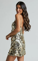 Cleo Mini Dress - Circle Sequin Mini Dress in Light Gold